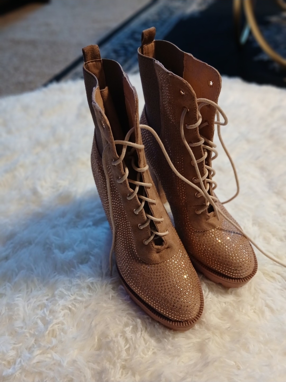 Taupe Lace-Up Ankle Boots with Sparkle Accent